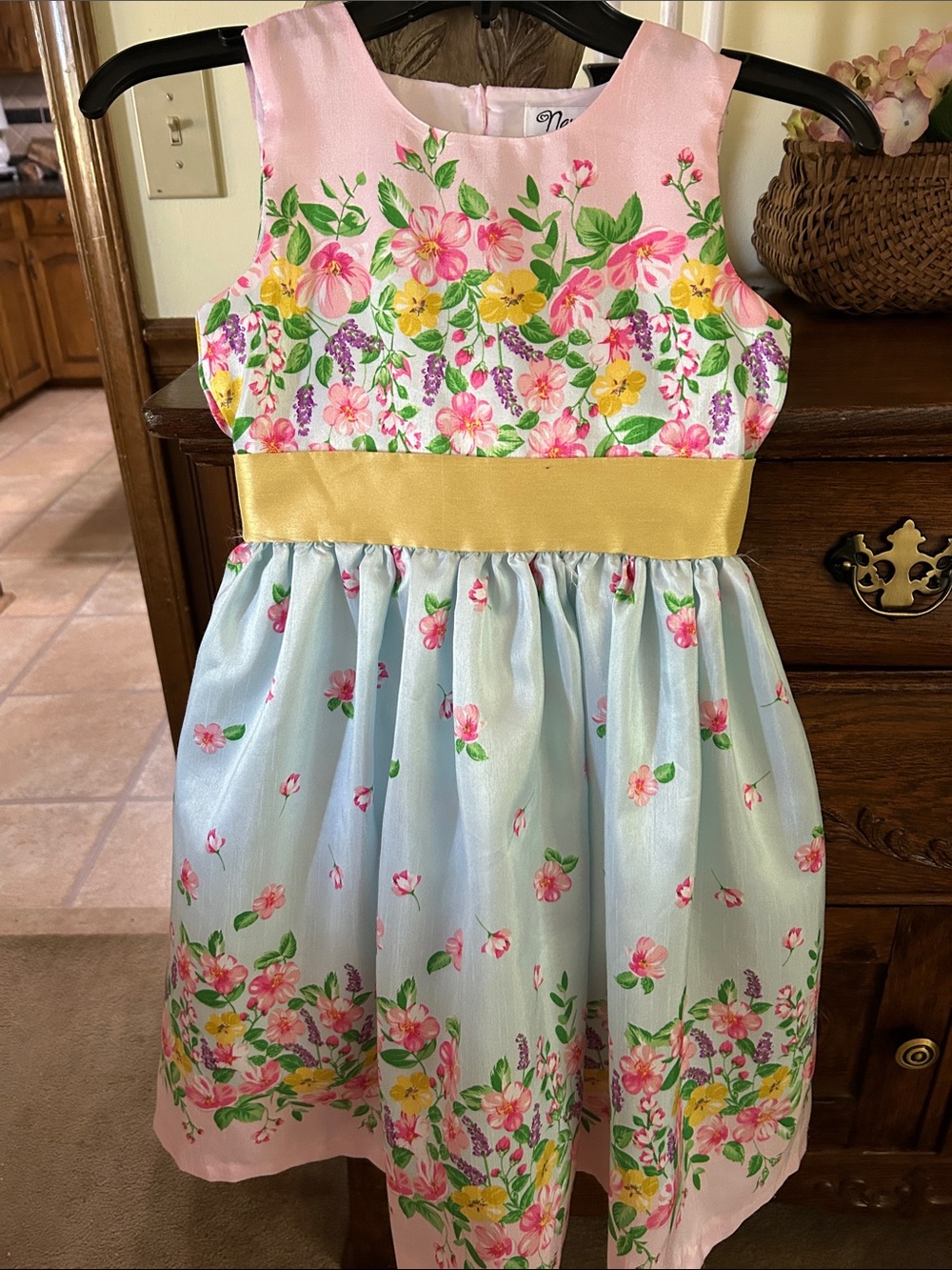Nannette Pink, Blue and Gold Floral Satin Waistband Dress